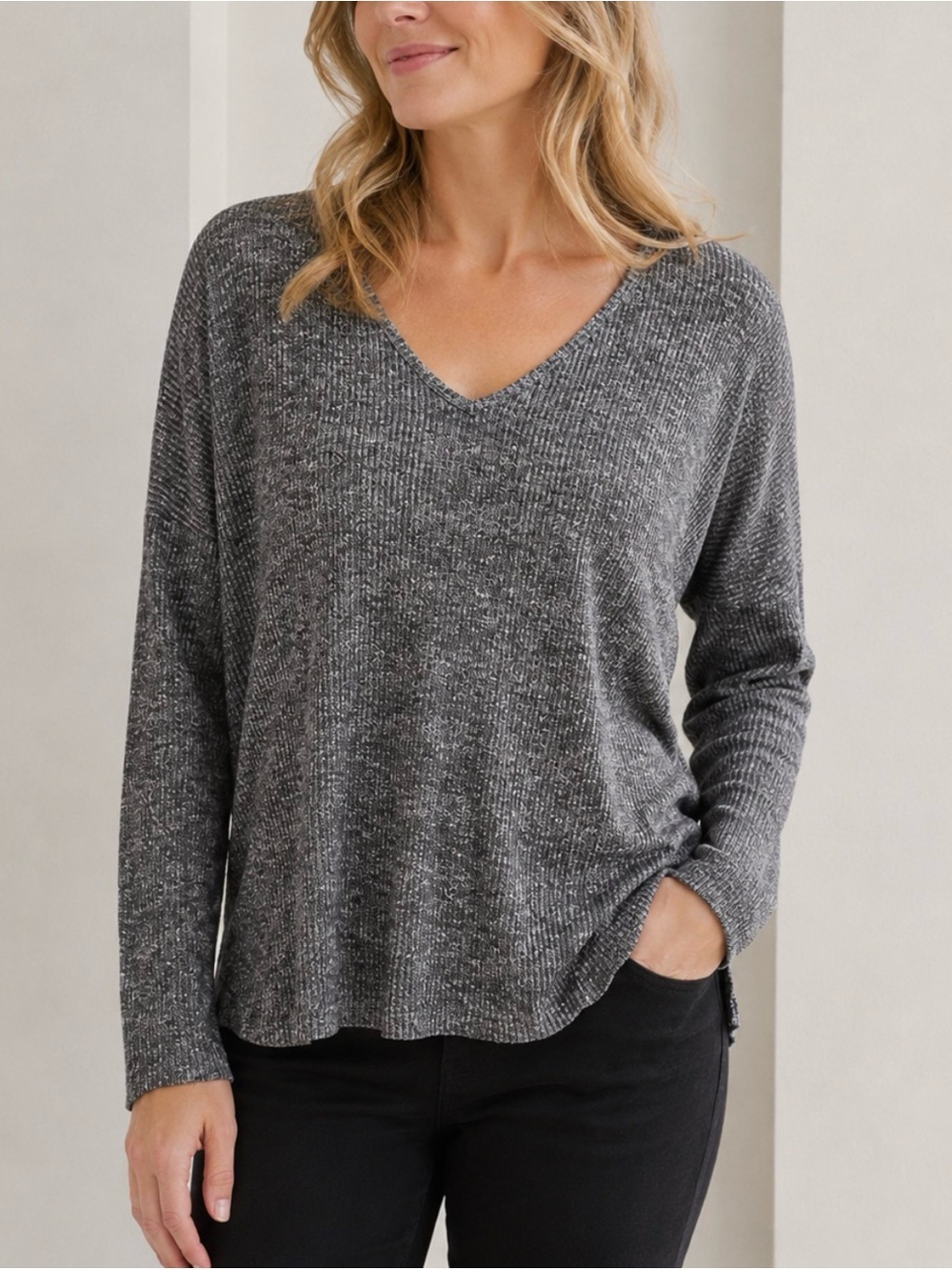 Rag & Bone M Jean Ribbed marled grey V-neck stretch soft basic long sleeve tunic